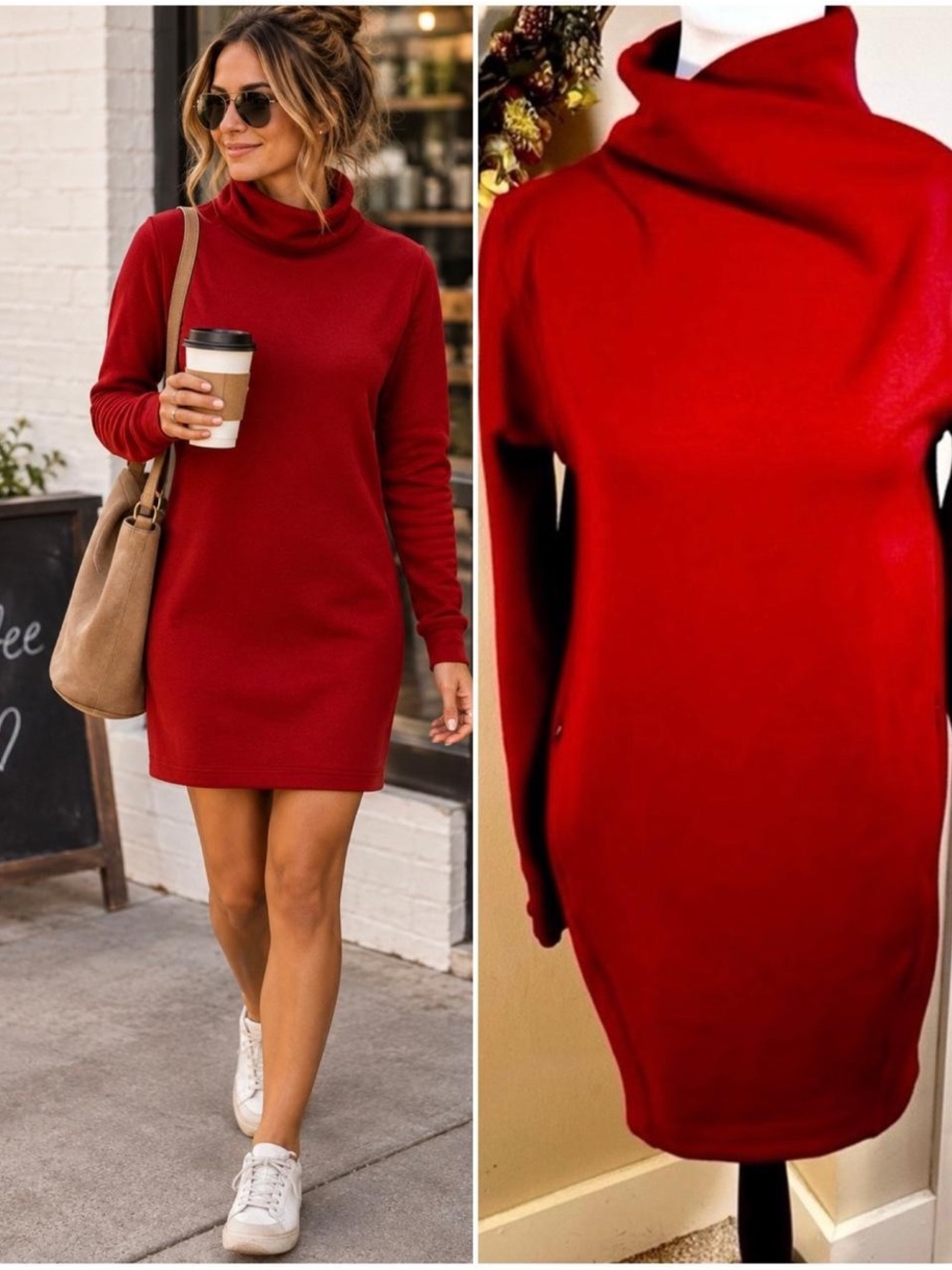 Athleta Red Long-Sleeve Turtleneck Sweater Dress